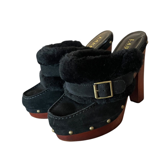 LAUREN RALPH LAUREN Woman's Size 6.5 Black Suede Faux Fur 5" Heel Platform Clogs - Picture 4 of 12